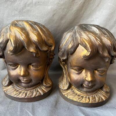 Pair of  Vintage Gold Cherub Face Bookends