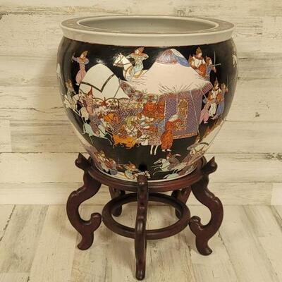 Large Asian Fishbowl Planter on Stand