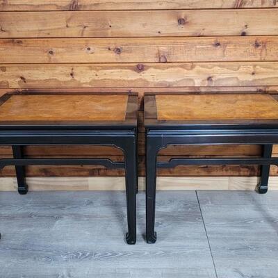 Black Lacquered Asian End Tables w Wood Top, 2/3