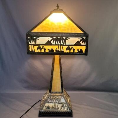 Egyptian Pyramid Theme Stained Glass & Copper Lamp