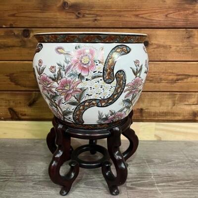 Large Asian Fish Bowl Planter with Stand, 1 of 2