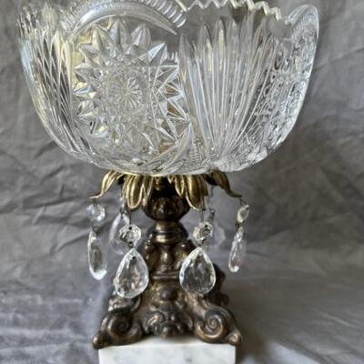 Cut Crystal Compote w/ Prisms on Brass & Marble