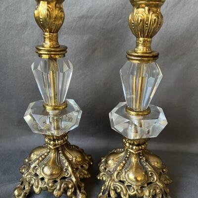 Pair of Elegant Brass & Crystal 10in Candlesticks