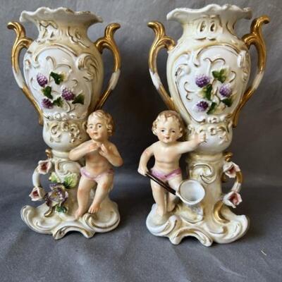 Pair Vintage Porcelain Cherub Figural Vases, Japan