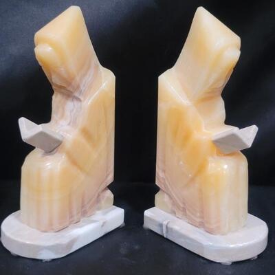Hand Carved Marble Praying Monk Statue Bookends
