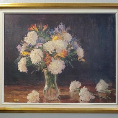 Floral Repro Oil on Canvas in Gold & Ivory Frame