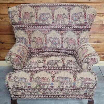 Upholstered Queen Anne Arm Chair with Elephants
