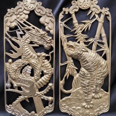 Pair Vintage Brass Asian Wall Plaques