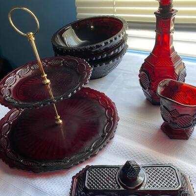 Vintage Avon 1876 Cape Cod, Ruby Red 2 Tier Dessert Tray, Decanter, Buter Dish, Bowls