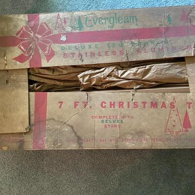 Vintage 1960's Evergleam Aluminum Silver Christmas Tree, Branches are Wrapped Brown Paper. Stand. All in Original Box. 