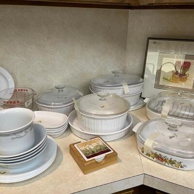 Lots of kitchen items including sets of Franciscan pottery, Mikasa and Dansk, bakeware, pots and pans etc 