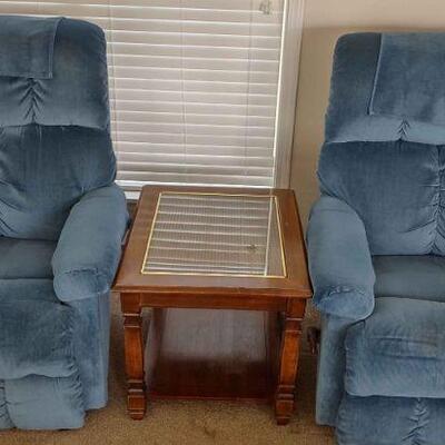 Matching Blue La-Z-Boy Recliners And Side Table
