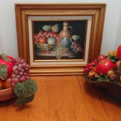 Fruit Oil Painting By Gaston With Fruit Bowl And Basket