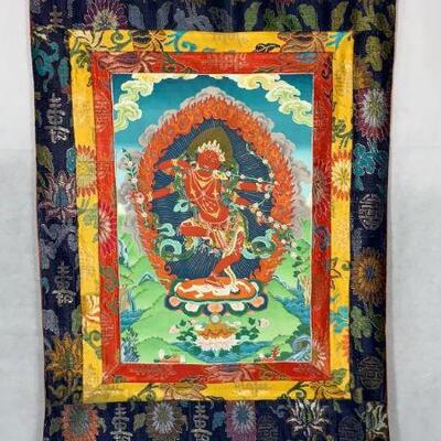 Red Tara/Kurukulla Painting on Tapestry Scroll