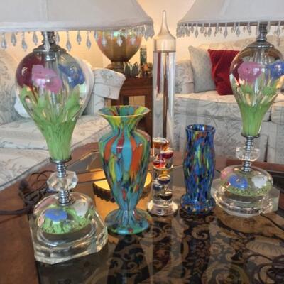 Vintage Mid Century Modern MCM St. Claire Art Glass Paperweight Lamps