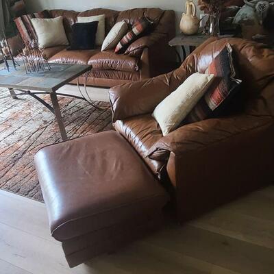 Emerson Leather Couch, Chair and Ottoman.   Slate Coffee and Side Table.  Pillows and Accessories Not For Sale