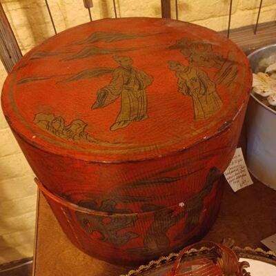 Antique Chinese hat box wood wrapped in leather