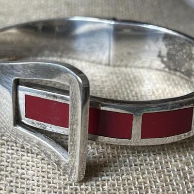Sterling Silver Heavy Hinged Bracelet w/ Inlaid Red Stones