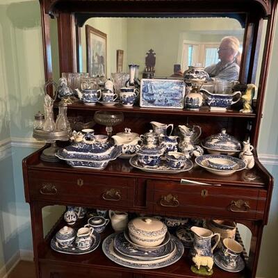blue willow, blue and white china and antique hutch