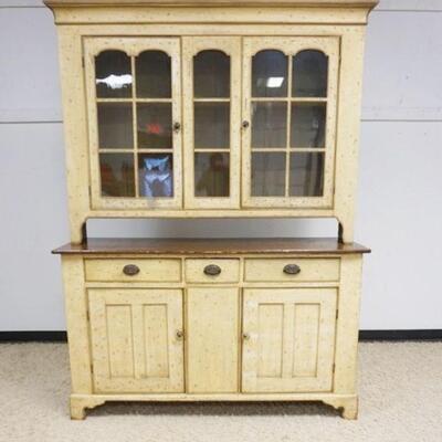 1032	ANTIQUE 2 PART COUNTRY HUTCH, 4 DOOR, 3 DRAWER, TOP IS EARLIER THAN BASE, TOP HAVING INDIVIDUAL PLANE GLASS, DOVETAILED CASE,...