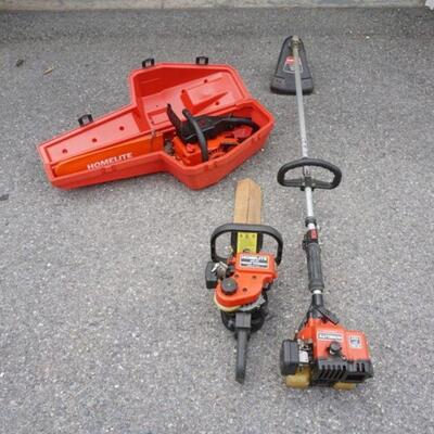 1167	HOMELITE TOOL LOT; WEED EATER, HEDGE TRIMMER AND CHAIN SAW
