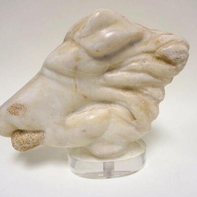 1271	CARVED MARBLE HORSE HEAD ON LUCITE SIGNED. APP. 15 IN X 7 IN X 13 IN H 
