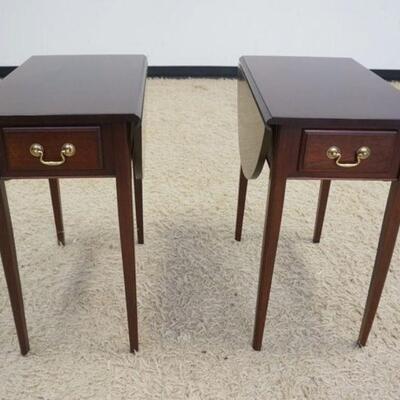 1069	PAIR OF SOLID MAHOGANY ONE DRAWER DROP LEAF BED SIDE STANDS OR END TABLES BY SALEM SQUARE, APPROXIMATELY 17 IN X 23 IN X 26 IN HIGH,...