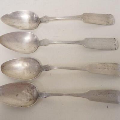 1021	COIN SILVER SPOONS, LOT OF 4-9 IN, 5.1 TOZ, 2 N HARDING, 2 A.J. EVANS *PURE COIN SILVER*
