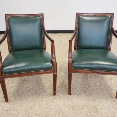 1057	PAIR OF GREEN LEATHER STATEVILLE ARMCHAIRS IN MAHOGANY FRAMES W/BRASS TACK ACCENTS
