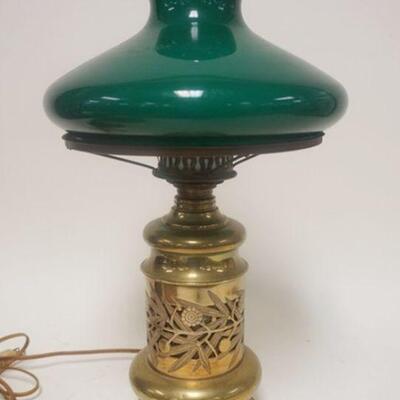 1222	VICTORIAN BRASS TABLE LAMP W/PIERCED FLORAL COLUMN & GREEN CASED GLASS SHADE, ELECTRIFIED, APPROXIMATELY 22 1/4 IN HIGH
