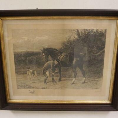 1312	FRAMED SIGNED ETCHING, COLONIAL SOLDIER CLEANS HORSES SHOES W/DOG, A GRAVIER, APPROXIMATELY 32 IN X 26 IN
