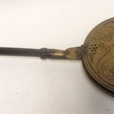 1230	ANTIQUE BRASS BED WARMER W/ HAND TOOLED LID APP. 36 IN L 

