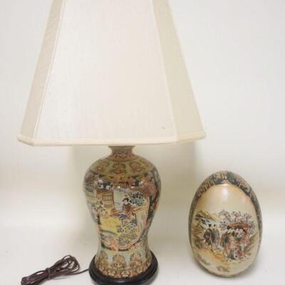 1210	ASIAN TABLE LAMP & DECORATED EGG LAMP. 30 IN H 
