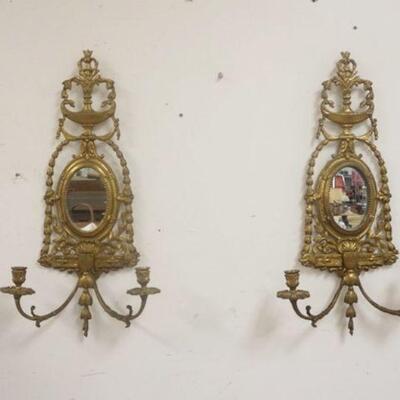 1250	PAIR OF ORNATE HEAVY CAST BRASS WALL CANDLE SCONCES W/MIRROR MEDALION CENTER, APPROXIMATELY 26 IN HIGH
