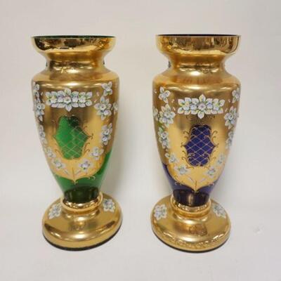 1002	LARGE BOTTEMIA GLASS VASES, COLBALT BLUE & EMERALD GREEN UNDER GILT & BASE FLOWER DECORATIONS, APPROXIMATELY 19 1/2 IN HIGH
