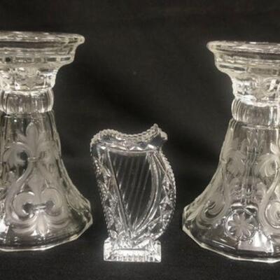 1207	PAIR OF FROSTED GLASS CANDLESTICKS & WATERFORD HARP PAPERWEIGHT. CANDLESTICKS ARE APP. 8 IN H 
