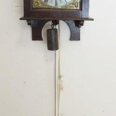 1008	ANTIQUE OAK WALL CLOCK, WEIGHT DRIVEN, WAG ON THE WALL, THOMAS HUDSON CHORLEY, APPROXIMATELY 14 1/2 IN X 8 1/2 IN X 21 IN HIGH
