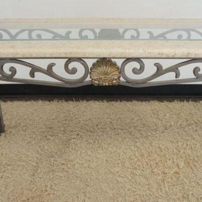 1077	CONSOLE TABLE W/FANCY IRON BASE & INSET GLASS TOP, APPROXIMATELY 50 IN X 18 IN X 27 IN HIGH

