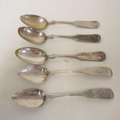1023	COIN SILVER SPOONS, LOT OF 5-6 IN, 2 HARDING, 2.4 TOZ
