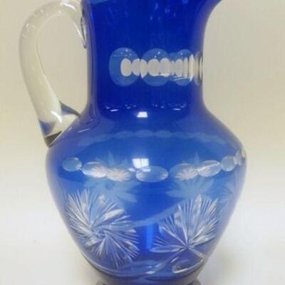 1190	COBALT CUT TO CLEAR WATER PITCHER W/ POLISHED BASE APP. 11 IN H 
