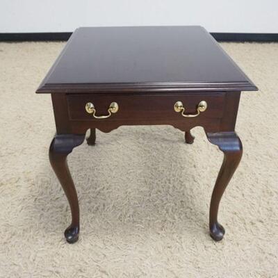 1046	KNOB CREEK ONE DRAWER MAHOGANY TABLE ON QUEEN ANNE STYLE LEGS, GOUGE IN TOP, APPROXIMATELY 22 IN X 27 IN X 24 IN HIGH
