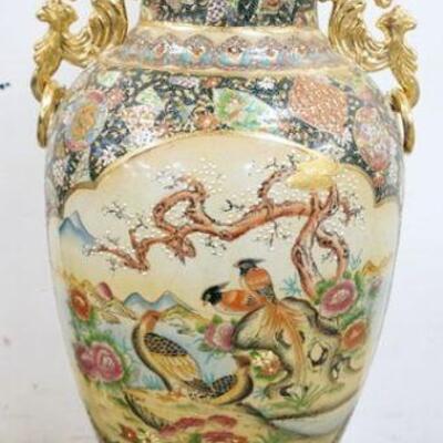 1119	LARGE CONTEMPORARY ROYAL SATSUMA HAND PAINTED FLOOR VASE ON WOOD BASE, DAMAGE TO TOP, APPROXIMATELY 42 1/4 IN HIGH
