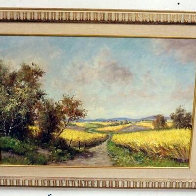 1117	OIL PAINTING ON CANVAS, LANDSCAPE OF FIELDS AND VILLAGE IN DISTANCE, SIGNED HAN KERVER. APPROXIMATELY 33 IN X 45 IN OVERALL
