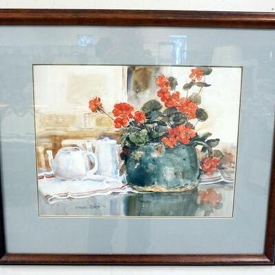 1135	FRAMED ETHAN ALLEN HOME, SIGNED WATER COLOR, STILL LIFE, APPROXIMATELY 25 1/2 IN X 30 IN 
