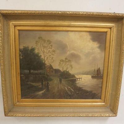 1217	ANTIQUE OIL PAINTING OF A SHORE SCENE OF PEOPLE WALKING DOWN A LANE TO A HOUSE W/ SAILING SHIP IN THE DISTANCE. APP. 30 IN X 33 IN 
