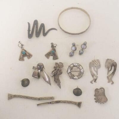 1178	JEWLERY LOT INCLUDING STERLING, MARKED STERLING ITEMS WEIGH 2.24 TOZ INCLUDING STONES. 2 PAIRS EARRINGS, FAIRY PIN AND WATCH BAND...