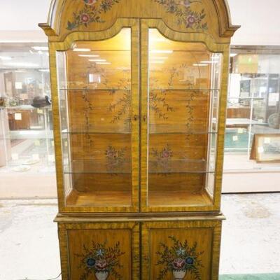 1068	OUTSTANDING PAINT DECORATED 4 DOOR CURIO CABINET W/BEVELED GLASS DOORS, INTERIOR LIGHTS, BIRD & FLORAL DECORATION THROUGHOUT,...