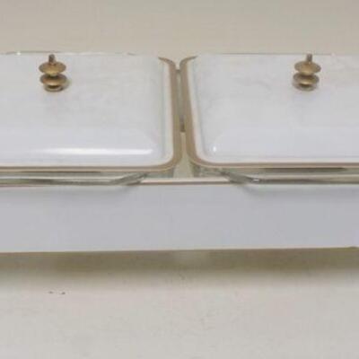 1220	WARMING TRAYS W/ 2 PYREX DISHES. APP. 23 IN X 11 IN 
