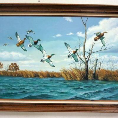 1155	OIL PAINTING ON CANVAS, RON BALABAN, GEESE IN FLIGHT, APPROXIMATELY 30 IN X 42 IN
