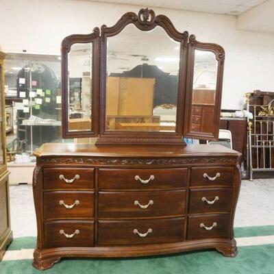 1094	AMERICAN DREW *BOB MACKIE HOME* WALNUT LOW CHEST W/TRIPLE MIRROR TOP, APPROXIMATELY 72 IN X 20 IN X 90 IN HIGH

